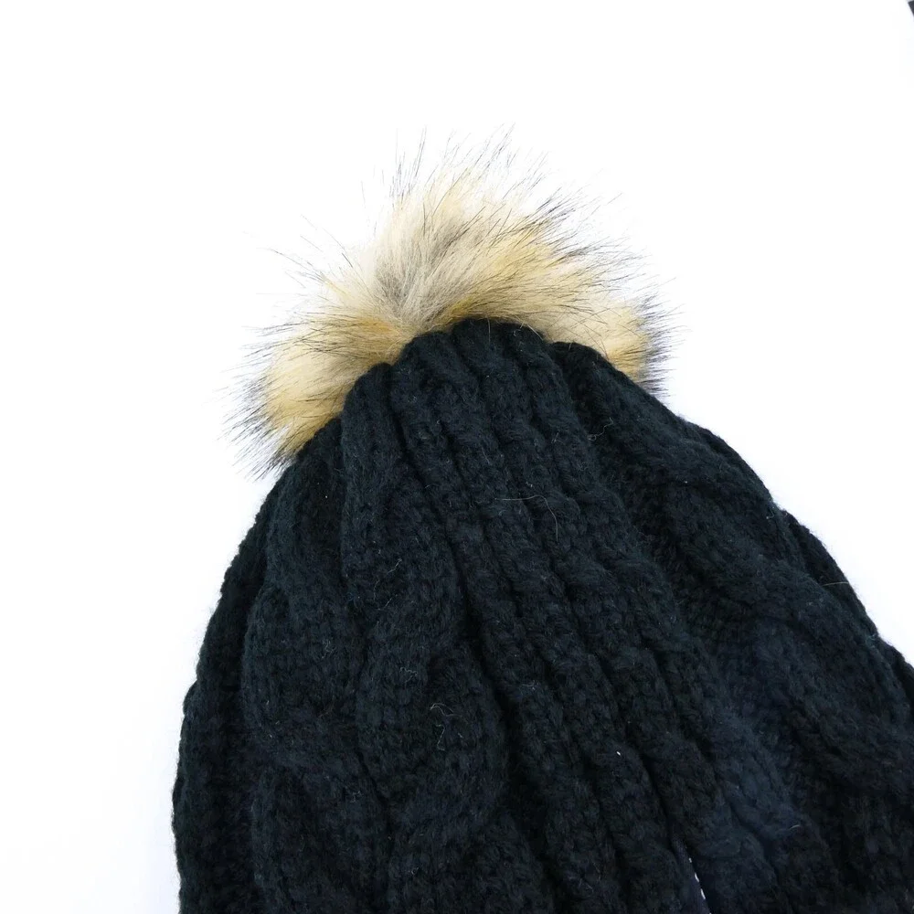 Cable Knit Winter‎ Hat Womens One Size Black Preppy Cap Locale Outdoor Pom Sport